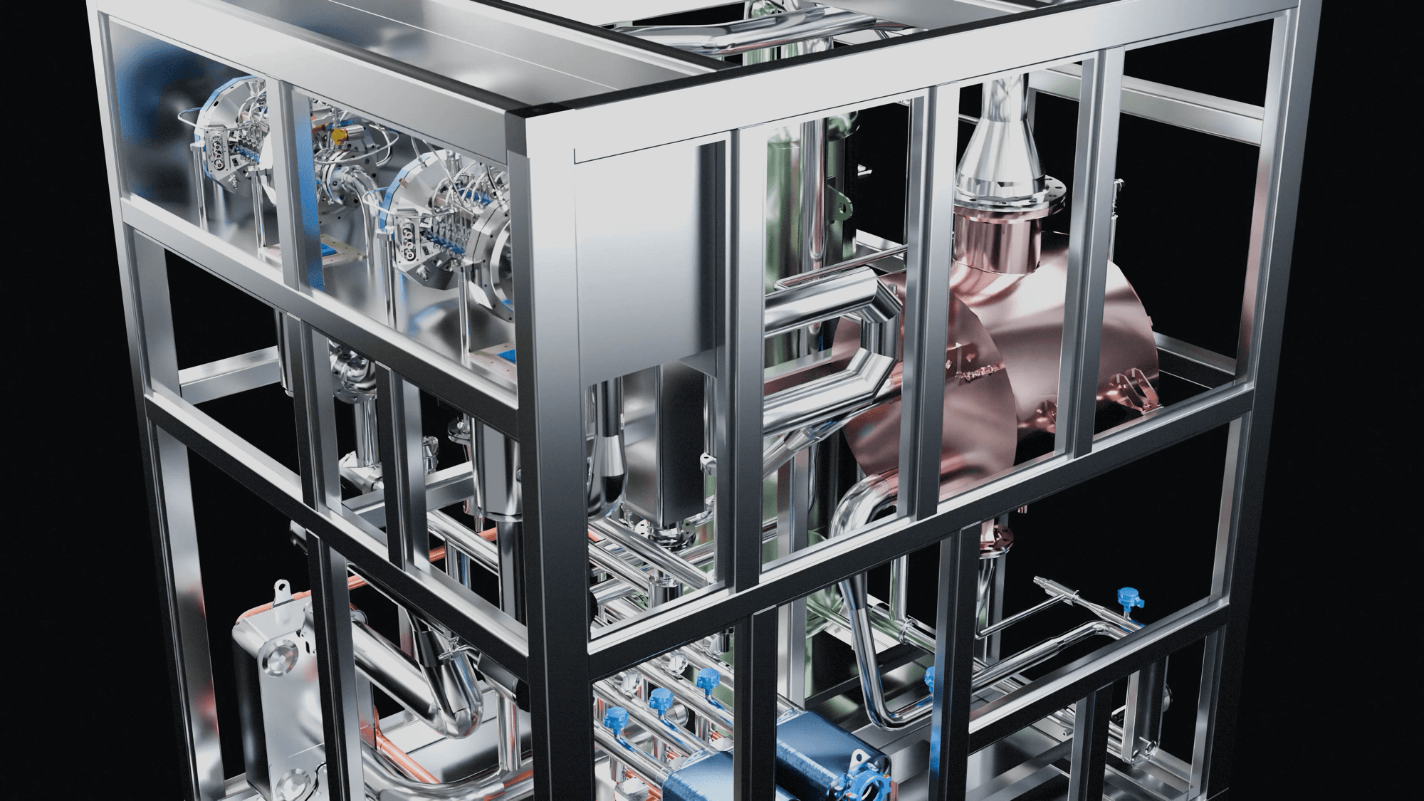 Nieuwe 3D-render van de open Kickstart-hogetemperatuurwarmtepomp met leidingwerk en componenten